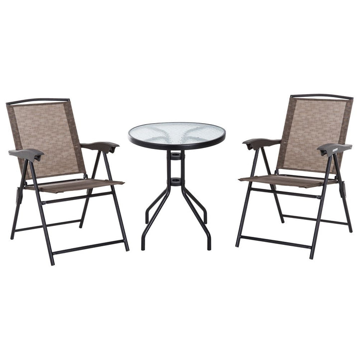  Patio Furniture Bistro Set with Folding Chairs Tempered Glass Table Brown