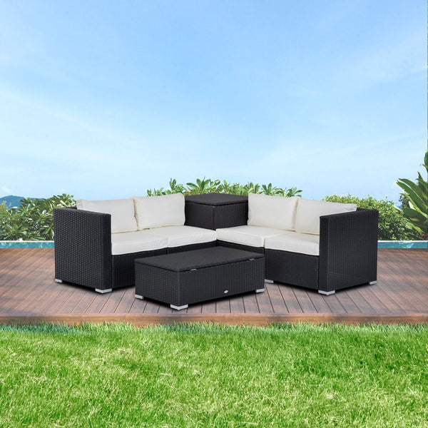  Rattan Sofa Set W/Cushions-Black/Beige