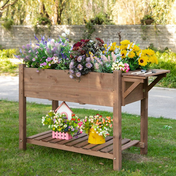 Wooden Raised Plant Stand Tall Flower Bed Box & Bottom Shelf Brown 