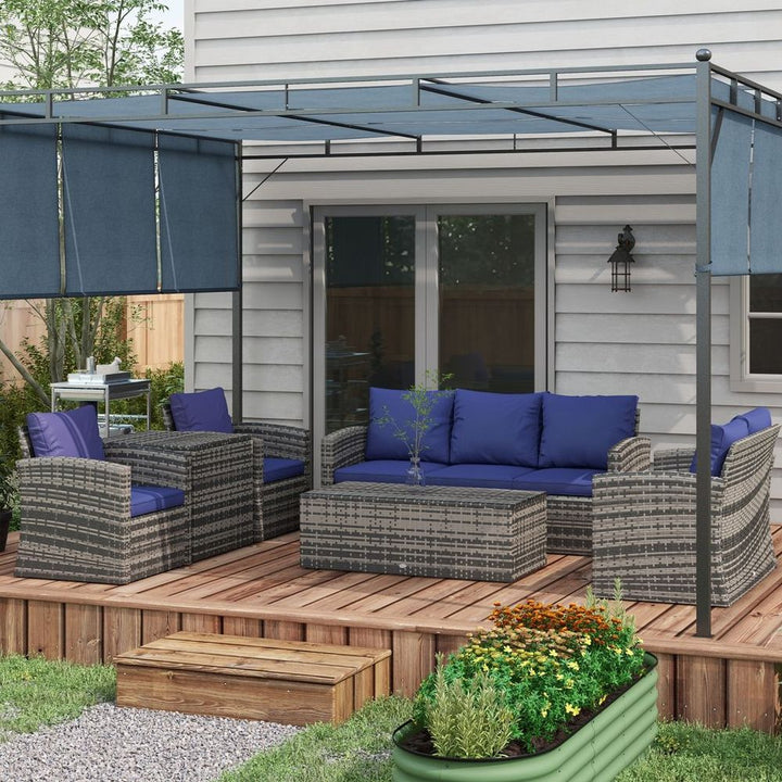 Outsunny Patio Rattan Sofa Set Conversation Furniture with Storage Blue