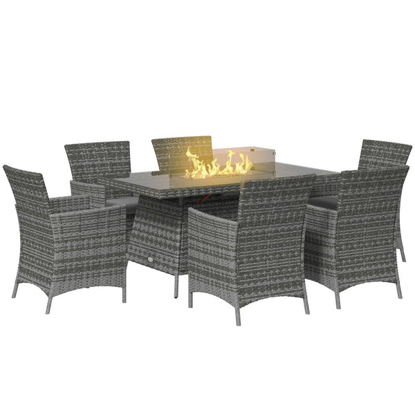 Outsunny PE Rattan Dining Set with Fire Pit Table and Cushioned Armchairs, Grey