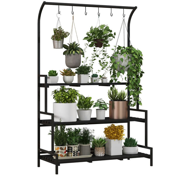 Outsunny Tiered Plant Rack Stand with Hanging Hooks for Indoor Outdoor Use