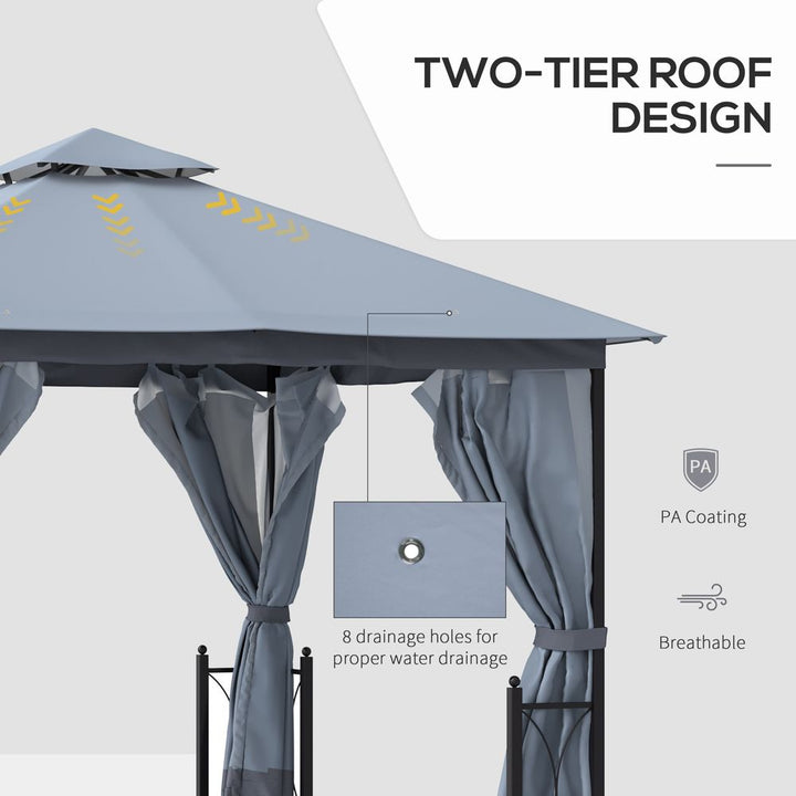  x .metal Gazebo with Tier Roof, Net and Curtains, Steel Frame, Grey