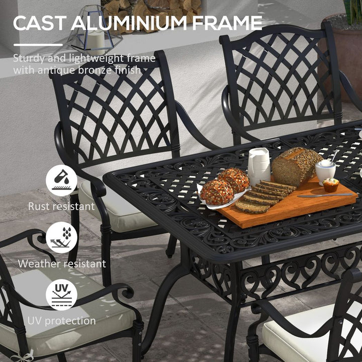 Outsunny -PC Cast Aluminium Patio Dining Set w/ Umbrella Hole & Cushion, Black