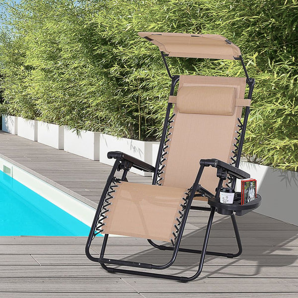 Steel Frame Zero Gravity Outdoor Garden Deck Chair with Canopy - Beige