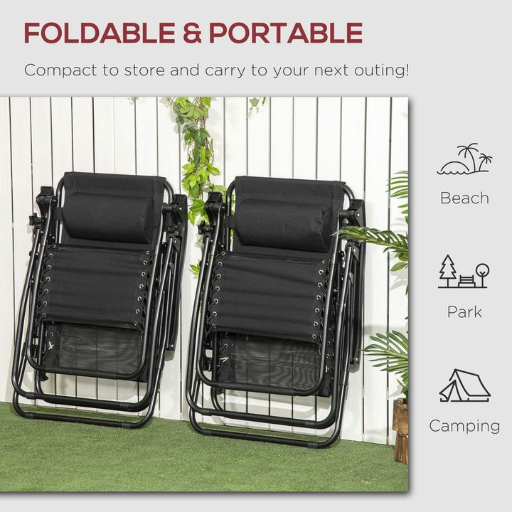 Foldable Garden Recliner Chair Set of w/ Footstool & Headrest, Black