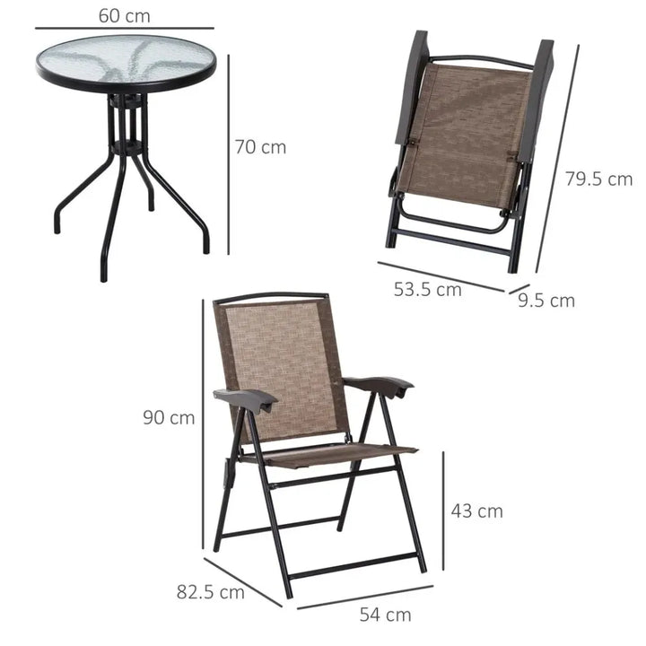  Patio Furniture Bistro Set with Folding Chairs Tempered Glass Table Brown