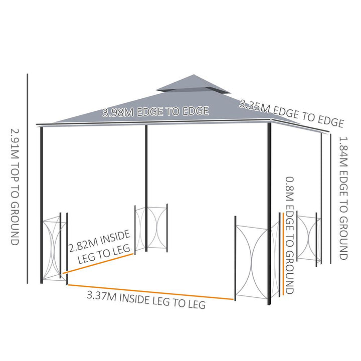  x .metal Gazebo with Tier Roof, Net and Curtains, Steel Frame, Grey