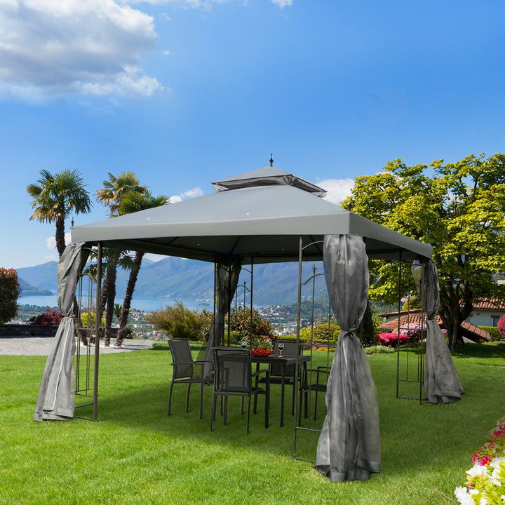  x (m) Garden Gazebo Double Top Gazebo Canopy w/ Curtains Grey Outsunny