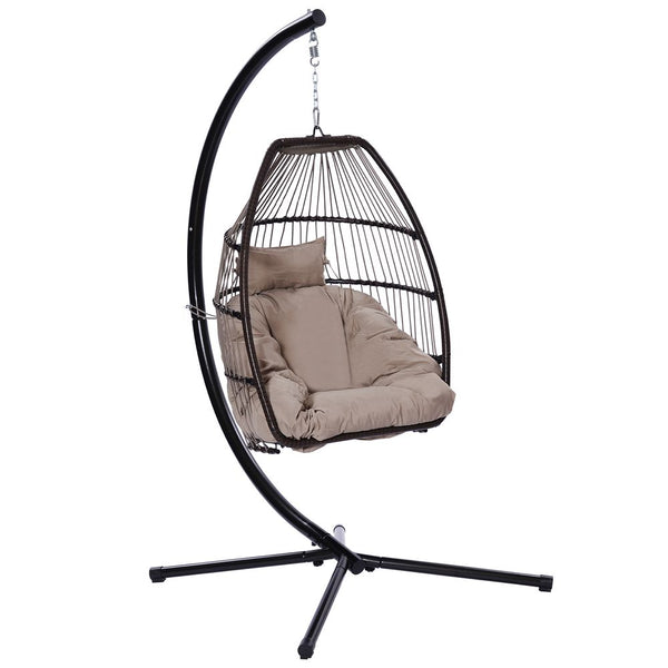 Patio Wicker folding Hanging Chair,Rattan Swing Hammock Egg Chair with X type Base and C Type bracket , with cushion and pillow,for Patio,Bedroom Balcony,Indoor,Outdoor