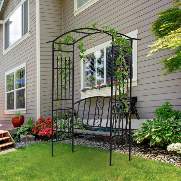 Steel Frame Outdoor Garden Arch w/ -Seater Bench Black