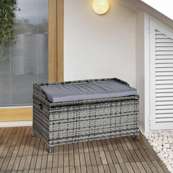 PE Rattan Bench Patio Wicker Storage Basket Seat Furniture w/ Cushion