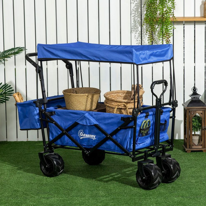 Trolley Cart Storage Wagon Wheels w/ Compartments Handle, Canopy, Blue