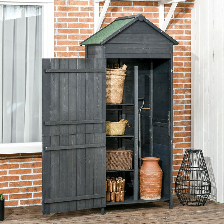 Outsunny Wooden Garden Shed Outdoor Shelves Utility Tool Storage Cabinet Grey