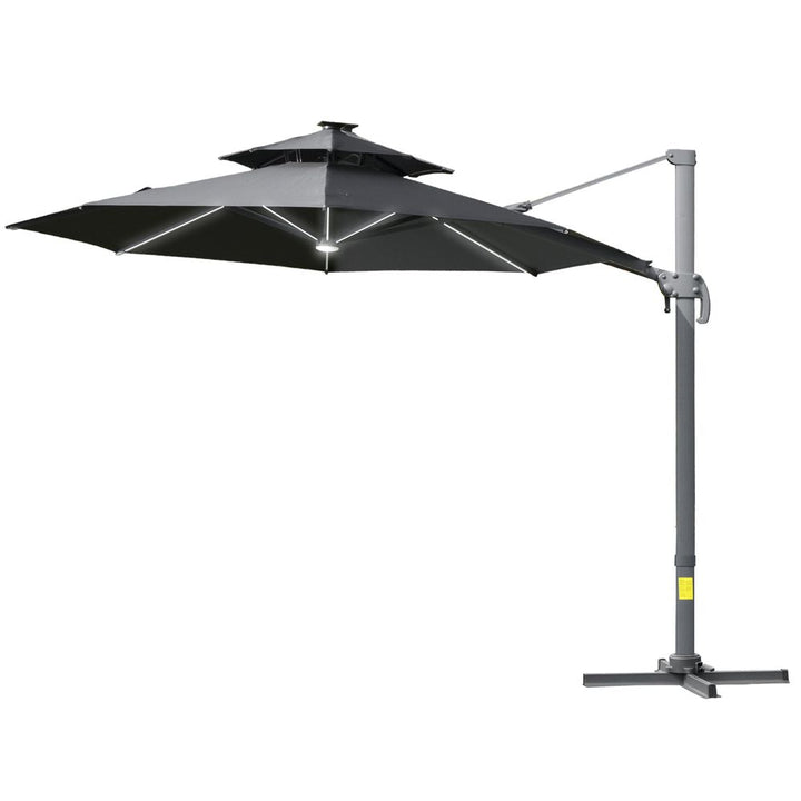 m Cantilever Parasol w/ Solar Lights Power Bank Garden Umbrella -Tier Roof