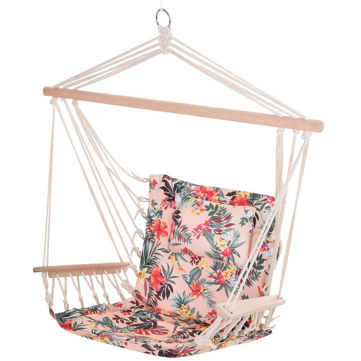x Hanging Hammock Chair Thick Rope Frame Pillow Wooden Arms