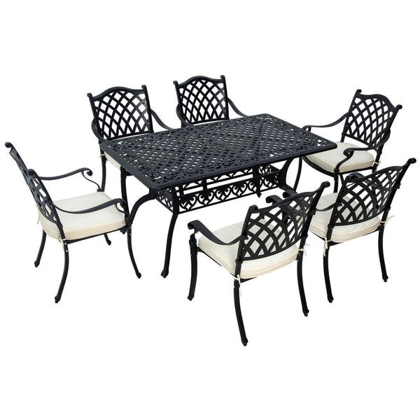 Outsunny -PC Cast Aluminium Patio Dining Set w/ Umbrella Hole & Cushion, Black