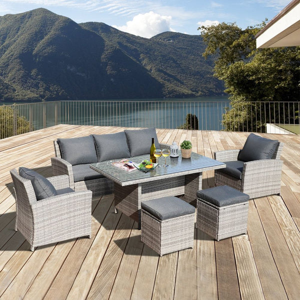  Rattan Dining Set Sofa Table Footstool Outdoor w/ Cushion Garden Furniture