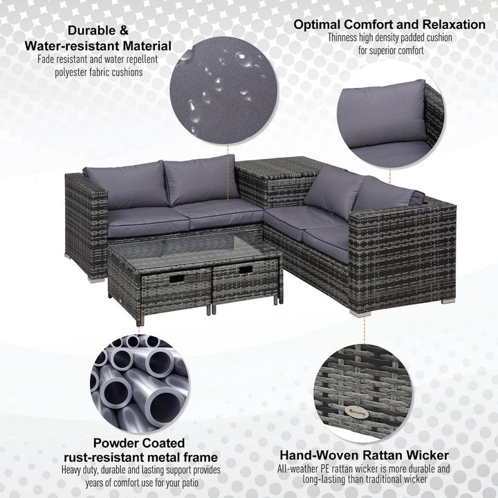  Rattan Sofa Storage & Table & Drawers Cushions Corner Trunk Coffee Grey