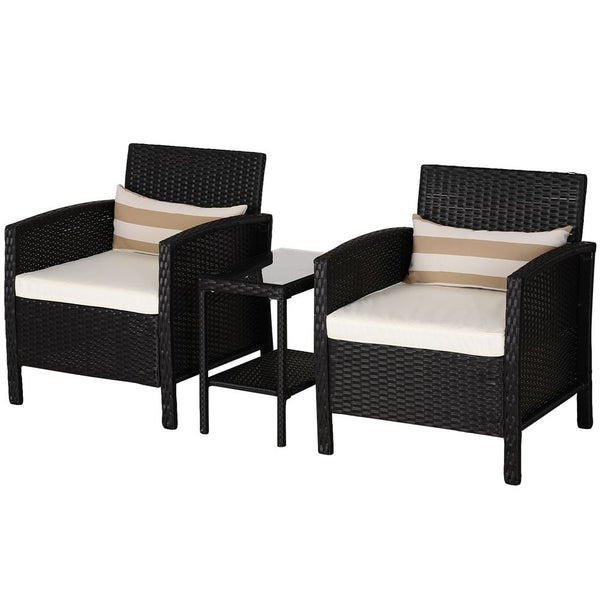 -Seater PE Rattan Side Table & Armchair Bistro Set w/ Pillows Black