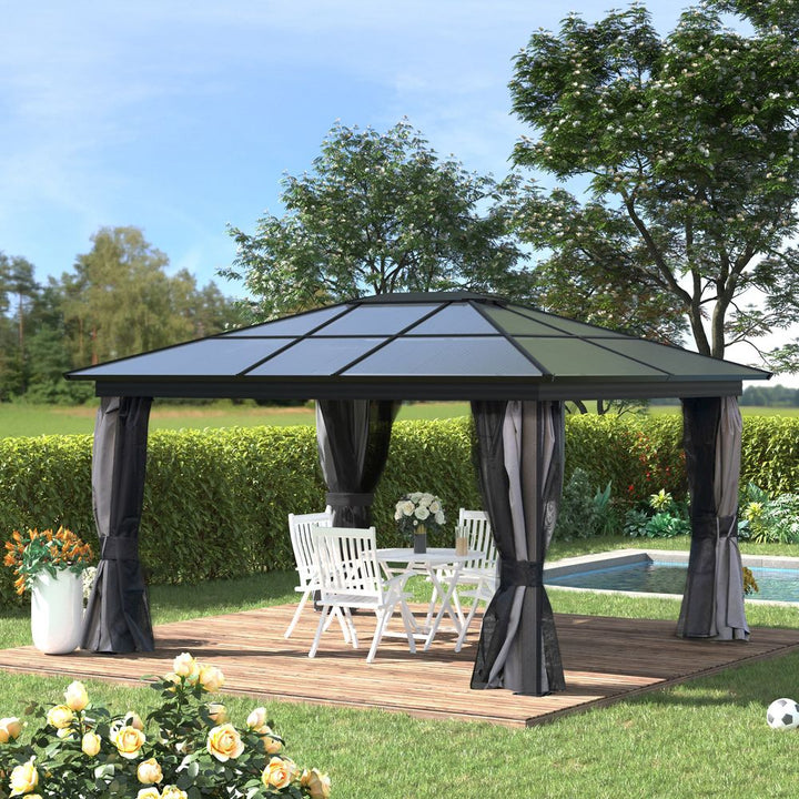 x.m Aluminium Hardtop Gazebo Canopy w/ Polycarbonate Top, Curtains Outsunny