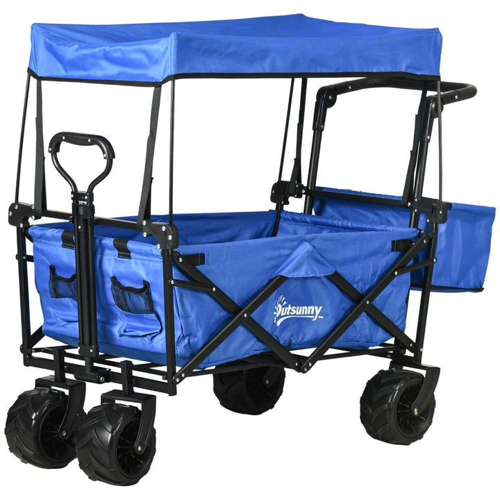 Trolley Cart Storage Wagon Wheels w/ Compartments Handle, Canopy, Blue