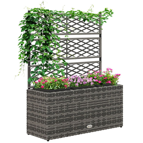 Outsunny Garden PE Rattan Planter Box w/ Trellis Flower Raised Bed, 