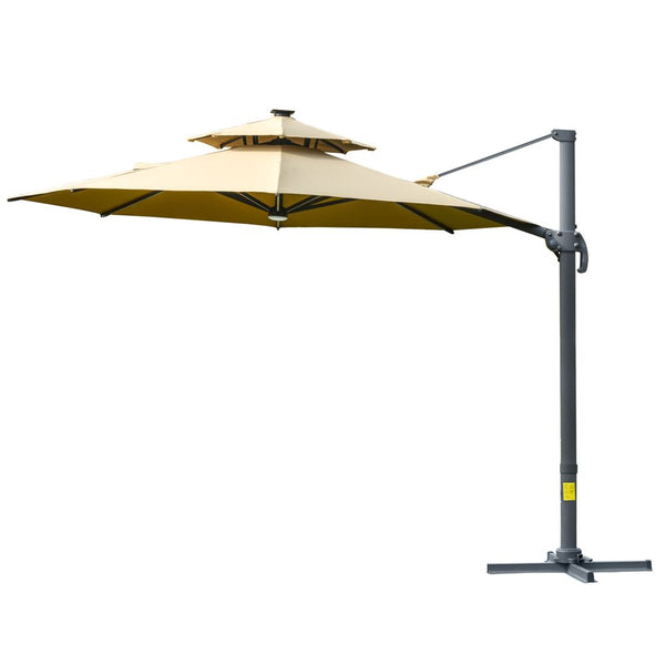 m Cantilever Parasol w/ Solar Lights Power Bank Garden Umbrella -Tier Roof